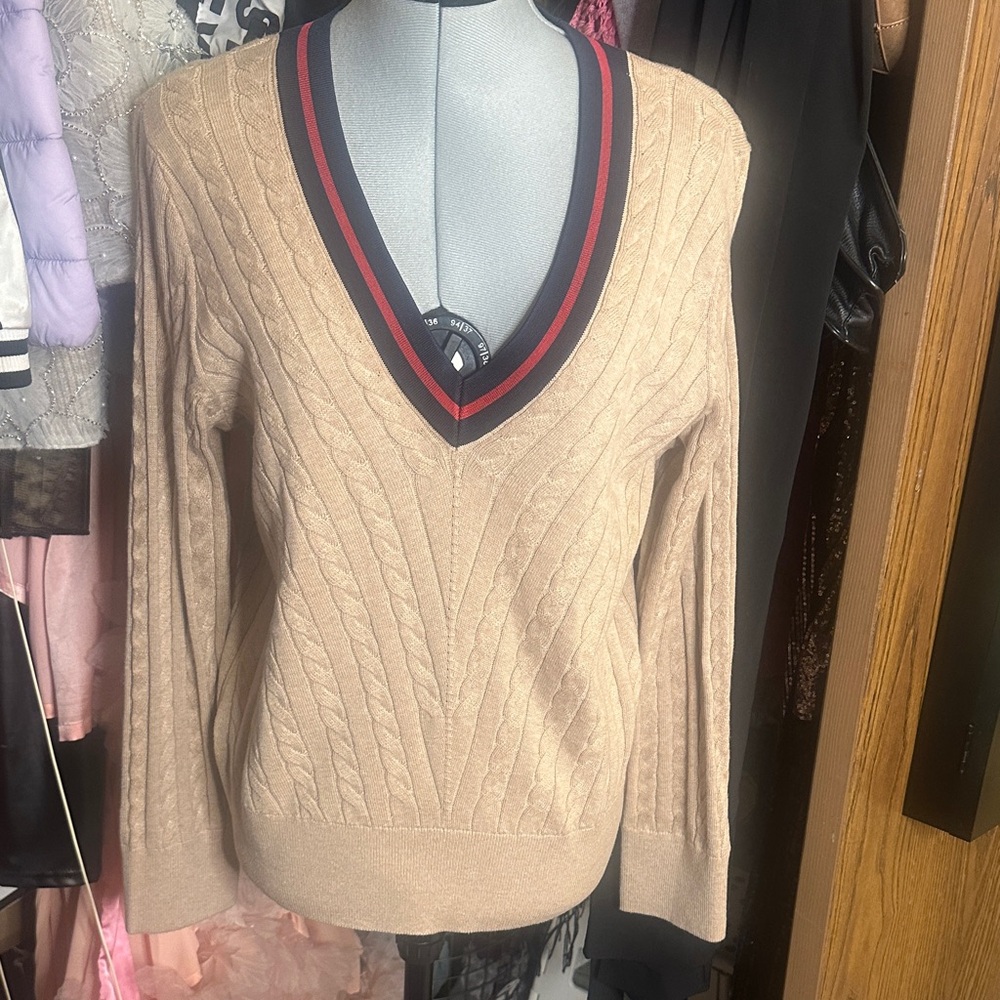 Tommy Hilfiger Beige V-Neck Sweater with Navy and Red Trim